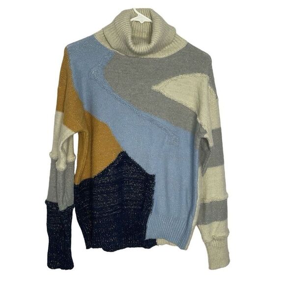 Anthropologie FRNCH Colorblock Abstract Blue Cream Metall Turtleneck Sweater S/M - Picture 1 of 14
